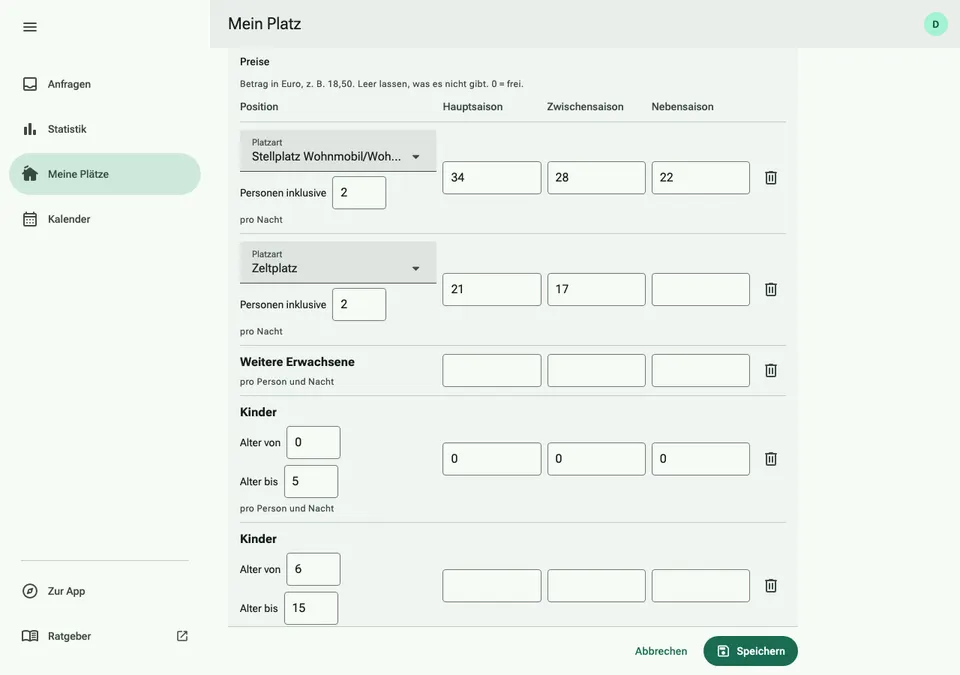 Price editor with season columns for motorhome pitch, tent pitch, adults and children