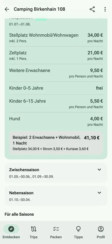 Prices in the app: high season expanded with an example calculation