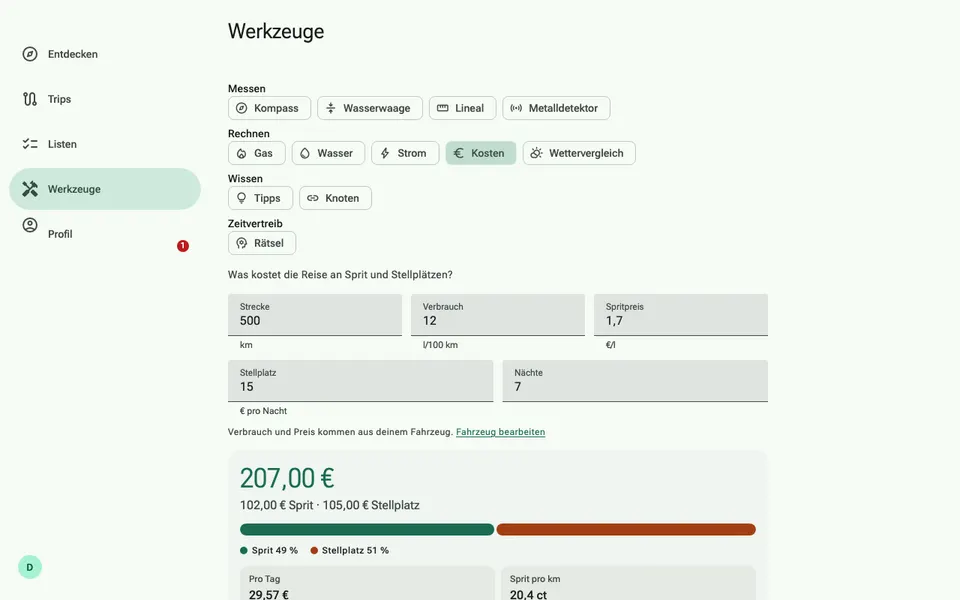 Cost calculator with the values of your own vehicle