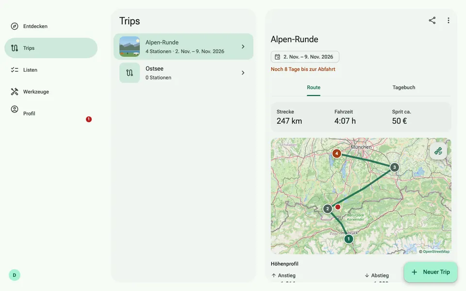 Trip with stops and route on the map